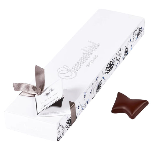 Summerbird Pure Amande gaveæske 130 g – 10 stk økologiske chokoladesommerfugle med mandler og mørk chokolade 61%, vegansk marcipan overtrukket med chokolade