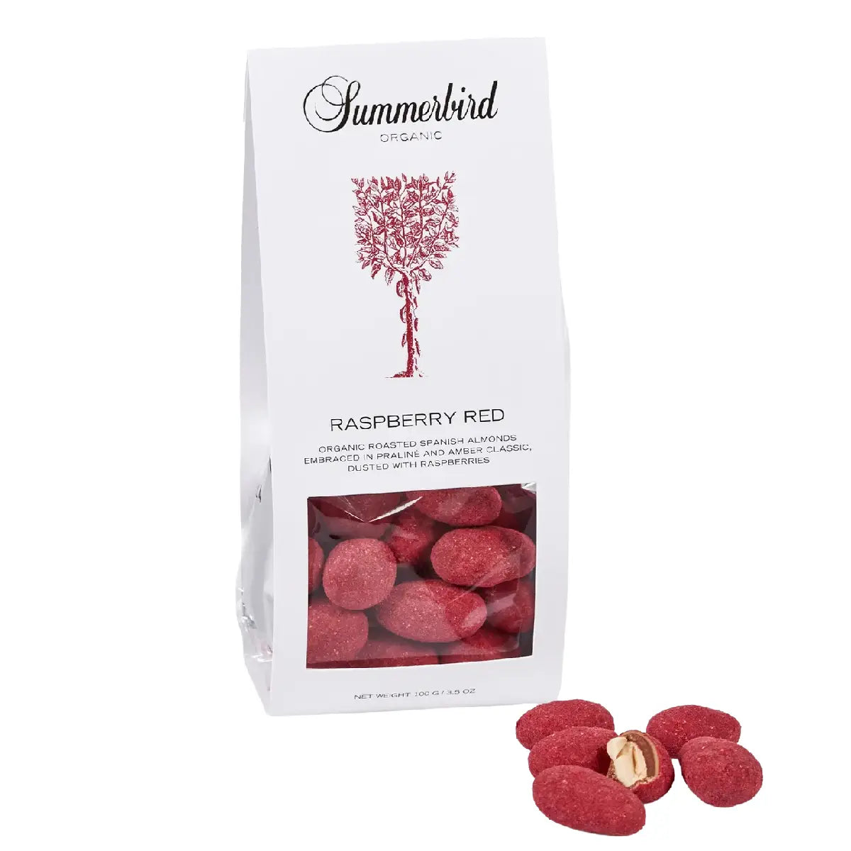 Summerbird Raspberry Red 100 g – økologiske dragerede spanske mandler i Amber-chokolade med praliné og hindbærpulver, sprød nøddeknas med frugtig bærnote og gylden chokolade