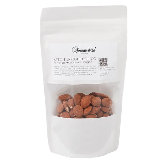 Summerbird ristede Marcona mandler 150 g – økologiske spanske mandler med sød dybde og silkeblød tekstur, perfekte som snack samt til desserter, bagværk og salater