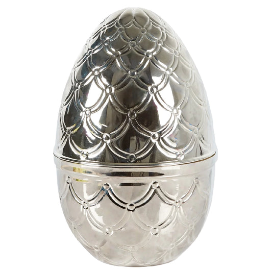 Summerbird Silver Egg Magnum 814 g – eksklusivt sølvæg fyldt med økologisk påskechokolade, påskeæg, quail eggs og dragéer med bl.a. amber, praliné, lakrids, pistacie og rabarber