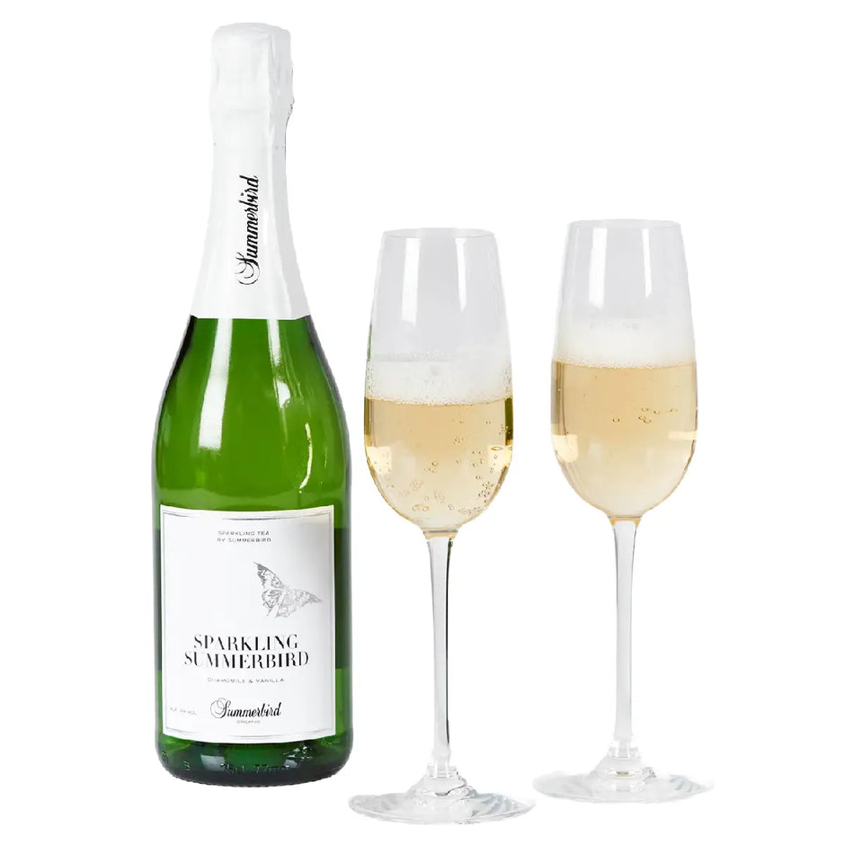 Summerbird Sparkling Summerbird 75 cl – mousserende økologisk te med kamille og vanilje samt mynte, 4% vol., serveres afkølet, indeholder sulfitter