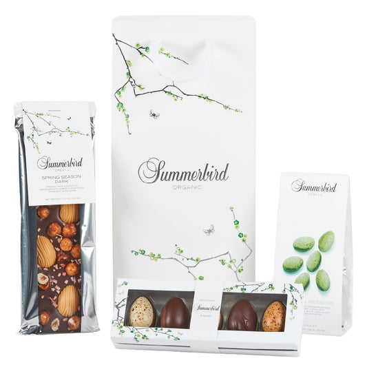 Summerbird Spring Gift Bag 286 g – økologisk gavepose med Spring Season Dark, Mint & Rhubarb og 5 Classic Eggs med chokolade, mandler, hasselnødder og rabarbernoter