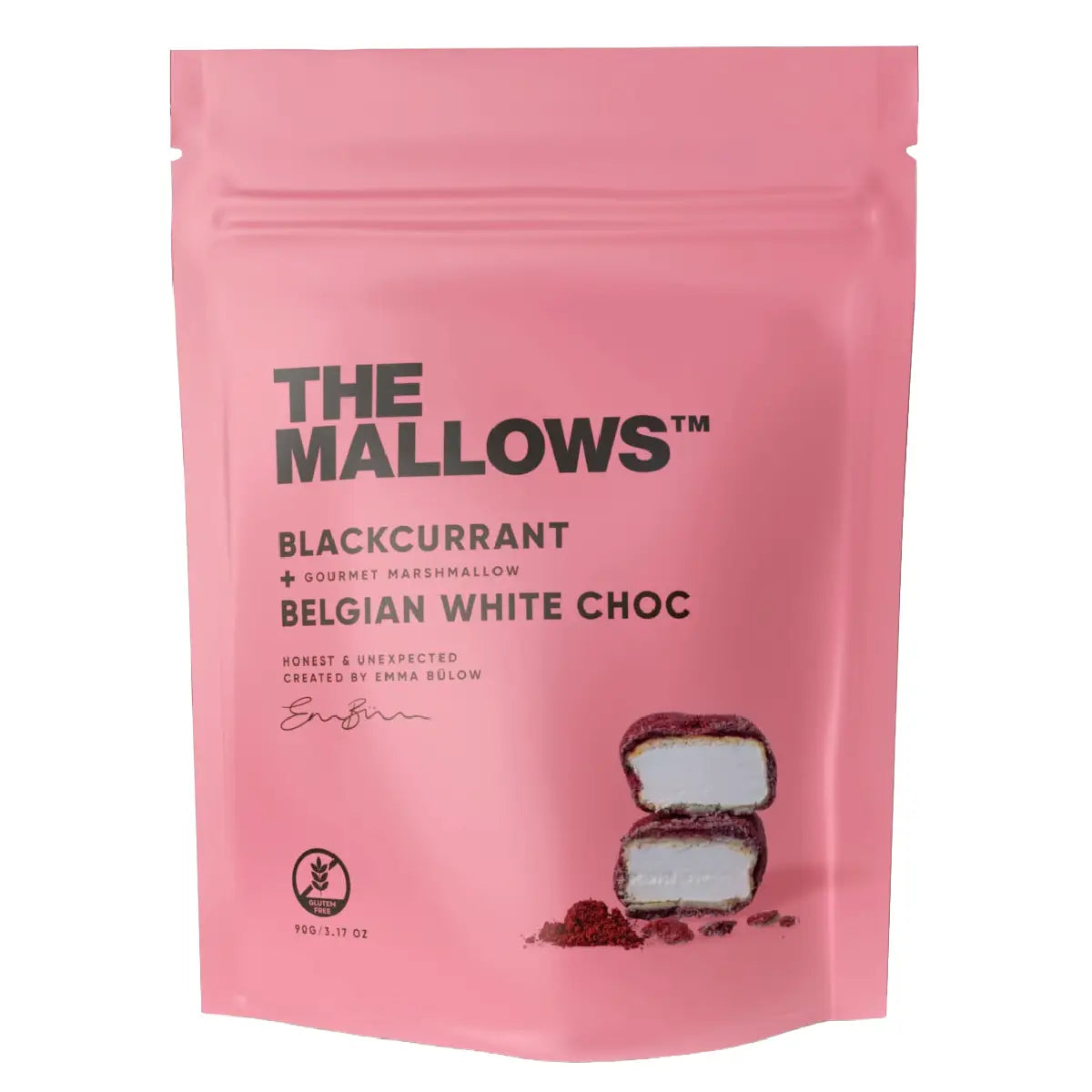 The Mallows Blackcurrant & White Choc skumfiduser med solbær og belgisk hvid chokolade, 90 g