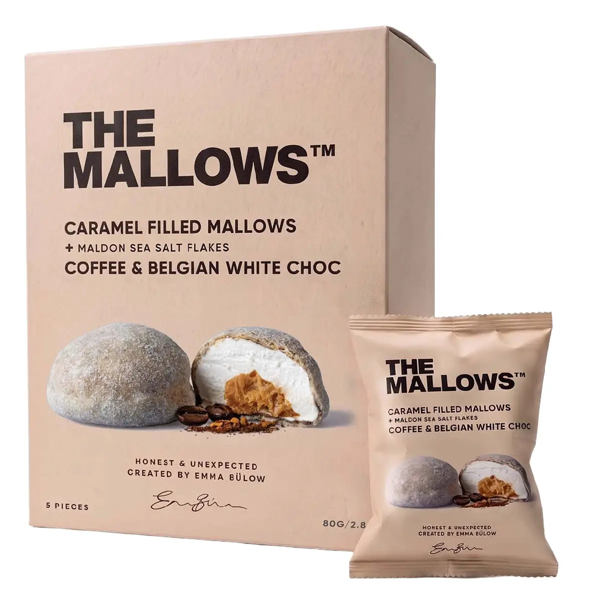 The Mallows Caramel Filled Mallows med karamelfyld, belgisk hvid chokolade, kaffe og havsalt, 5 stk. 80 g