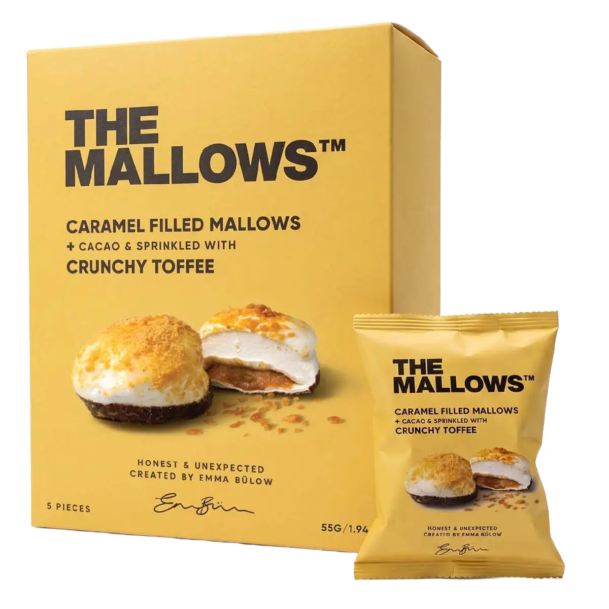 The Mallows Caramel Filled Mallows Crunchy Toffee med karamelfyld, kakaobund og sprød karamel, 5 stk. 55 g