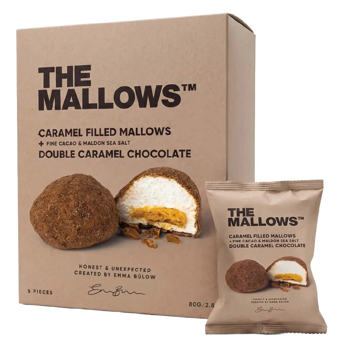 The Mallows Caramel Filled Mallows med karamelfyld, karamelchokolade, kakao og havsalt, 5 stk. 80 g
