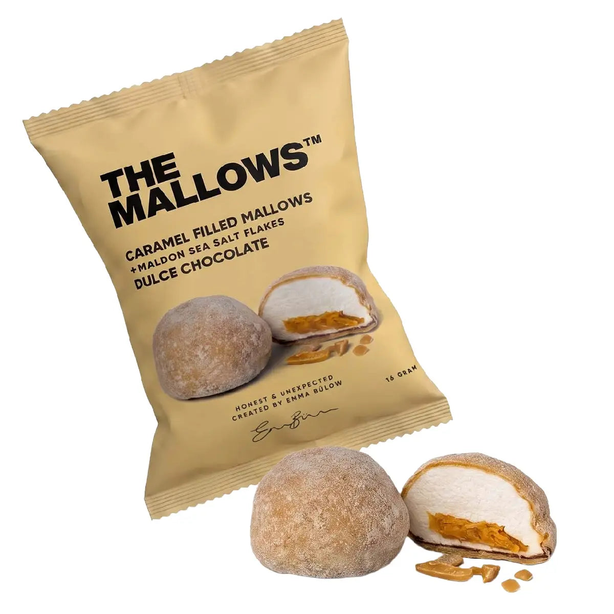 The Mallows Caramel Filled Mallow med karamelfyld, dulce-chokolade og havsalt, 1 stk. 16 g