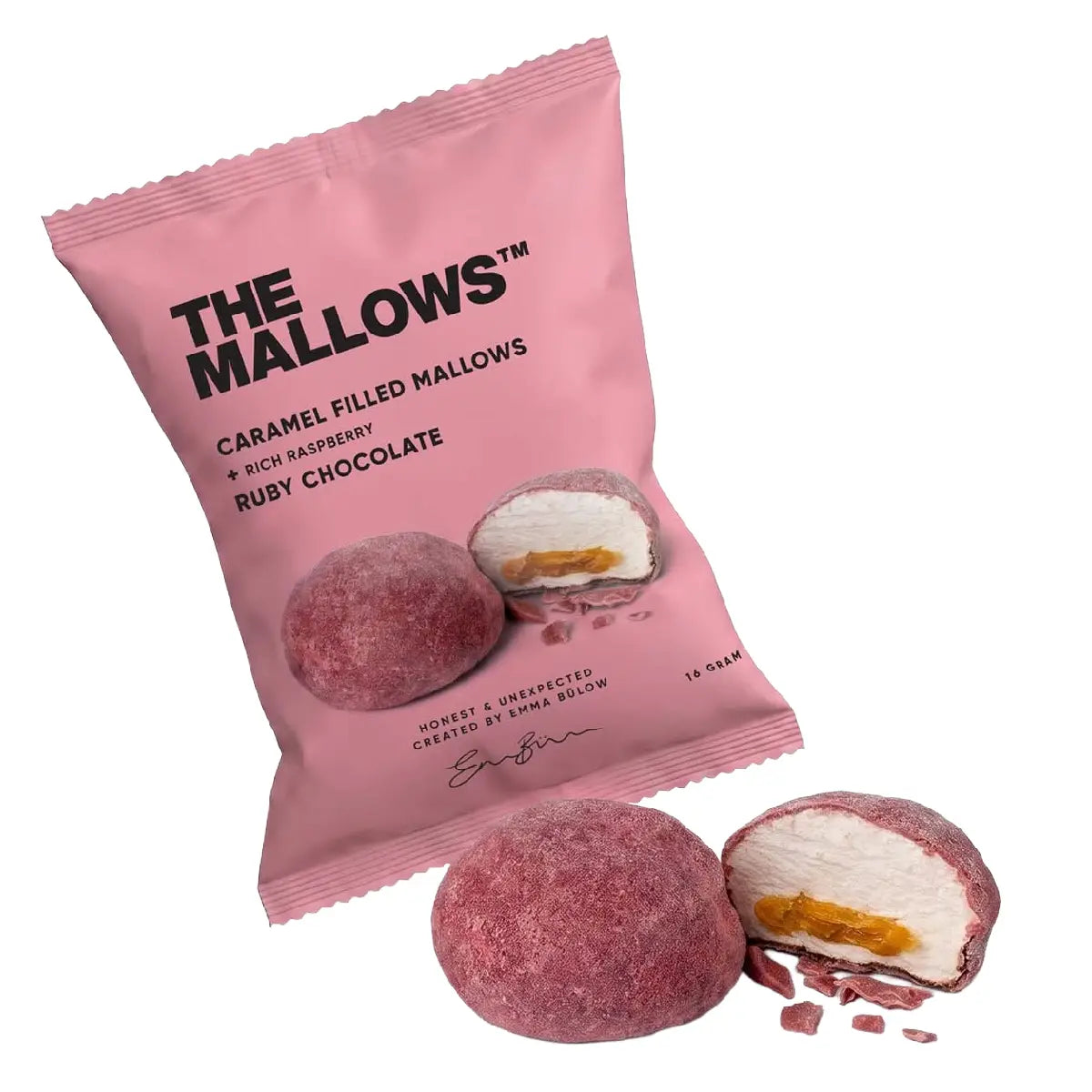 The Mallows Caramel Filled Mallow med karamelfyld, Ruby-chokolade og hindbær, 1 stk. 16 g