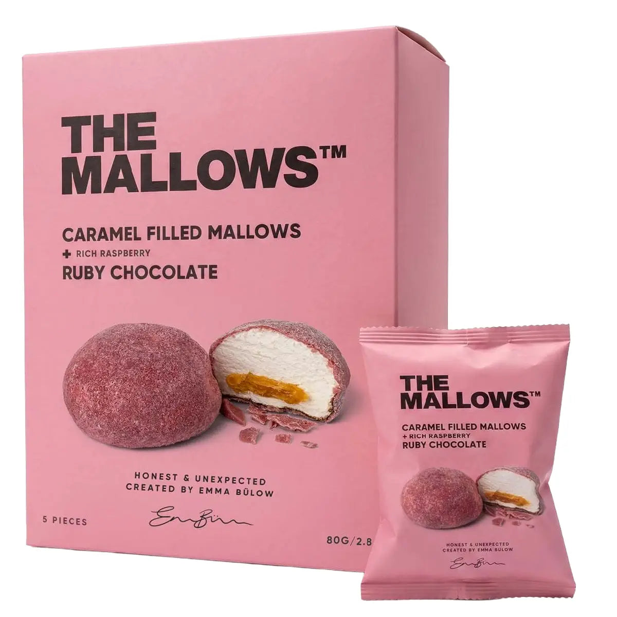 The Mallows Caramel Filled Mallows med karamelfyld, Ruby-chokolade og hindbær, 5 stk. 80 g