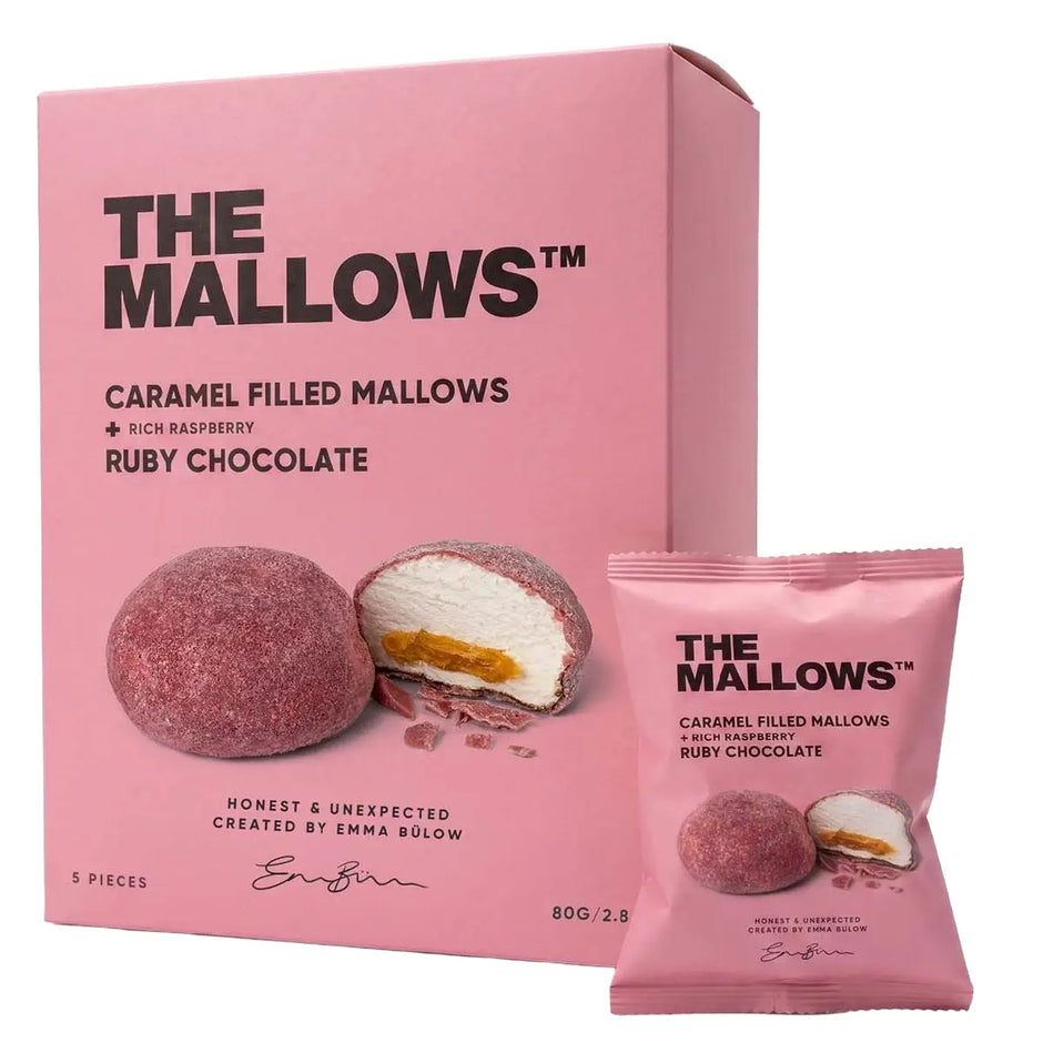 The Mallows Caramel Filled Mallows med karamelfyld, Ruby-chokolade og hindbær, 5 stk. 80 g