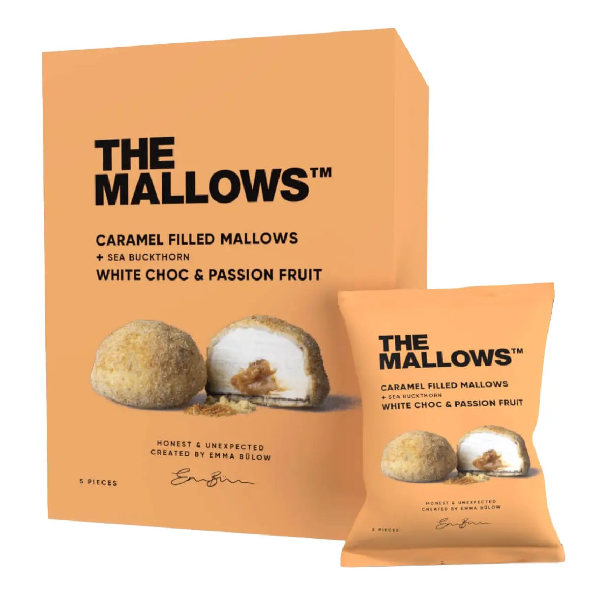 The Mallows Caramel Filled Mallows med hvid chokolade, passionsfrugt og havtorn, 5 stk. 80 g