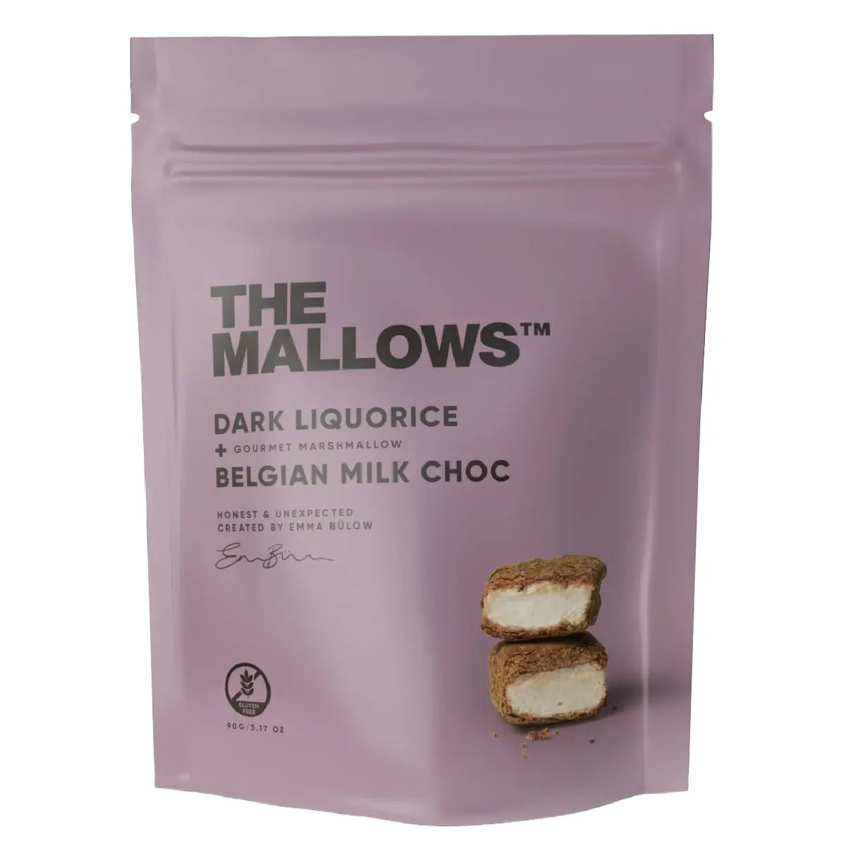 The Mallows Dark Liquorice skumfiduser med belgisk mælkechokolade, lakridspulver og lakridsgranulat, 90 g