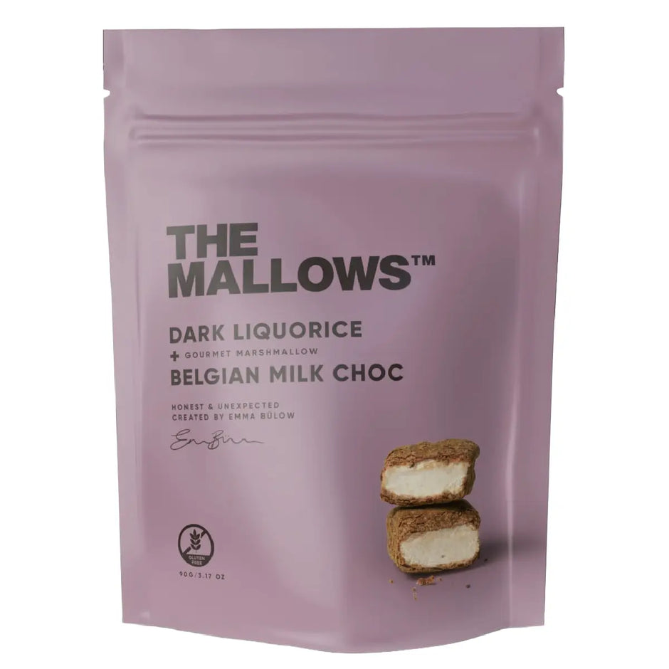 The Mallows Dark Liquorice skumfiduser med belgisk mælkechokolade, lakridspulver og lakridsgranulat, 90 g