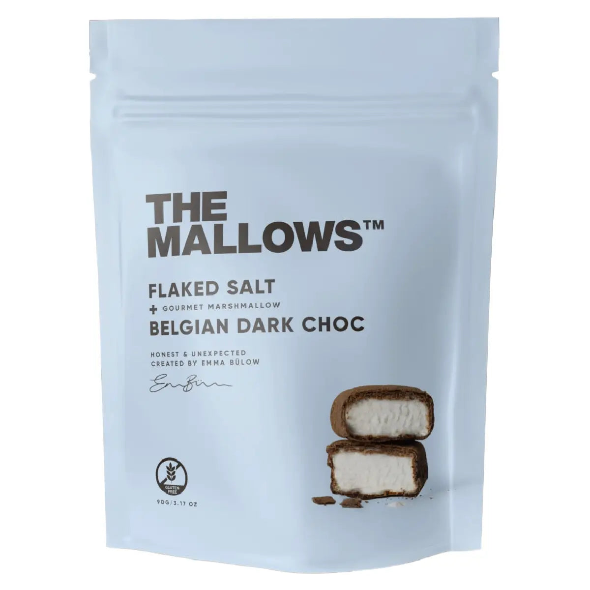 The Mallows Flaked Salt chewy skumfiduser med mørk chokolade og havsalt, 90 g