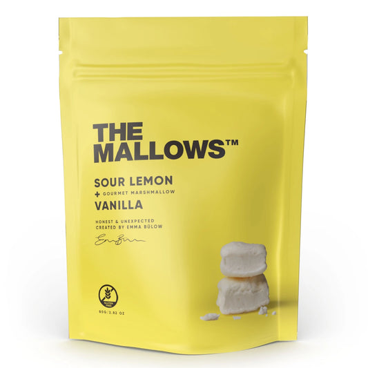 The Mallows Sour Lemon skumfiduser med lemon 80 g – bløde luftige skumfiduser med frisk citrus og tydelig syrlig smag, perfekt som sødt-syrligt snack