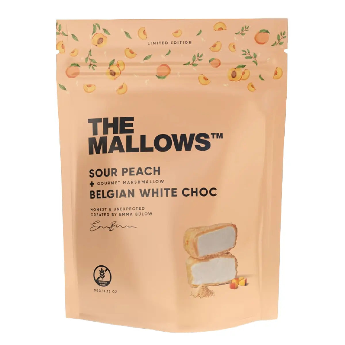 The Mallows Sour Peach skumfiduser med belgisk hvid chokolade og fersken, 90 g