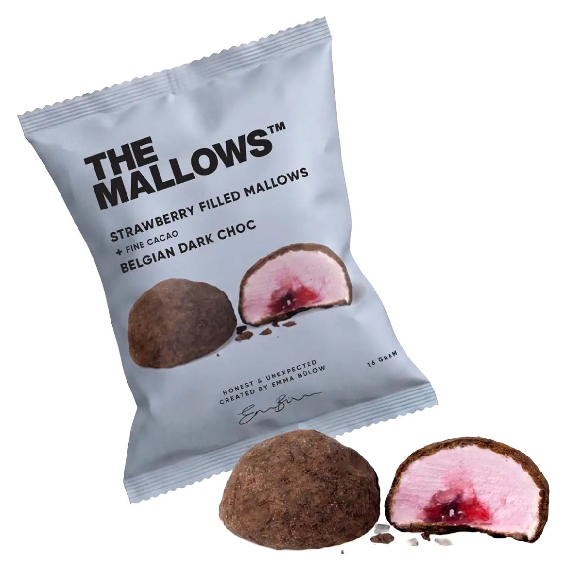 The Mallows Strawberry Filled Mallow med jordbærfyld, belgisk mørk chokolade og fin kakao, 1 stk.