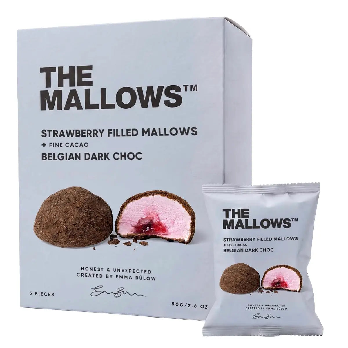 The Mallows Strawberry Filled Mallows med jordbærfyld, belgisk mørk chokolade og fin kakao, 5 stk.