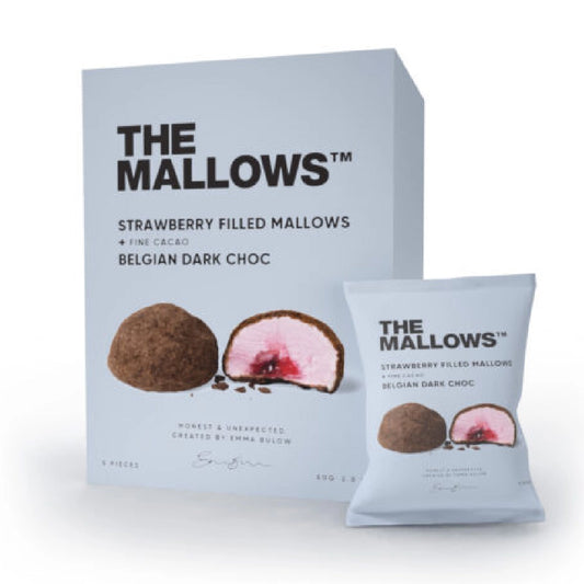 The Mallows Strawberry Filled Mallows box 5 pcs – fyldte marshmallows med jordbærfyld, belgisk mørk chokolade og drys af fin cacao