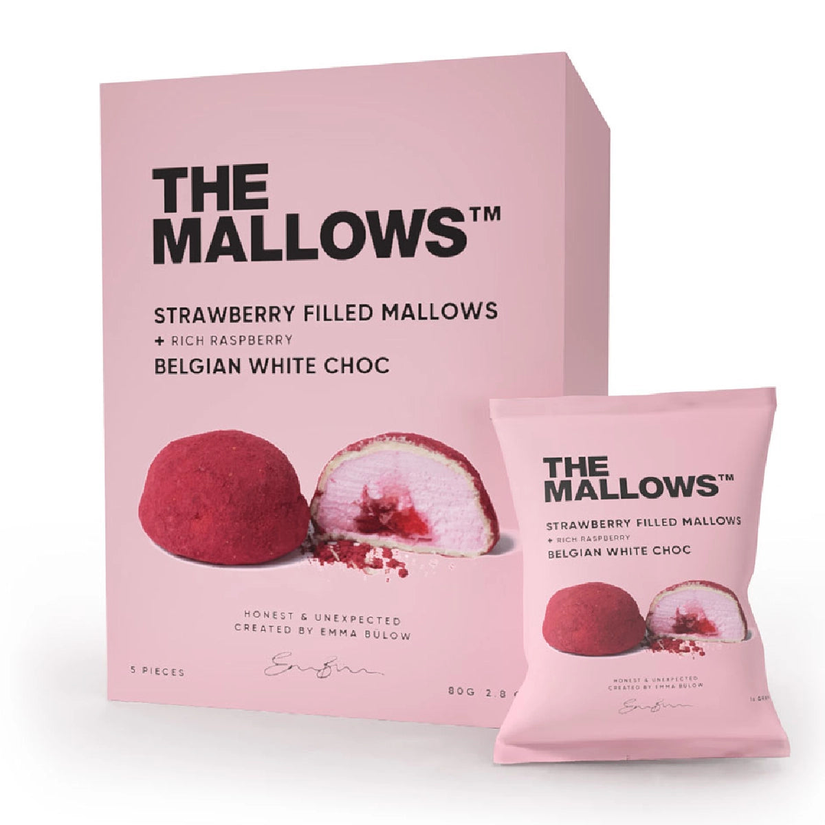 The Mallows Strawberry Filled Mallows Raspberry & White Chocolate box 5 stk – fyldte marshmallows med jordbærfyld 14%, hvid chokolade 42% med sødmælkspulver og topping af frysetørret hindbær