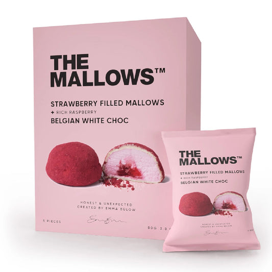 The Mallows Strawberry Filled Mallows Raspberry & White Chocolate box 5 stk – fyldte marshmallows med jordbærfyld 14%, hvid chokolade 42% med sødmælkspulver og topping af frysetørret hindbær