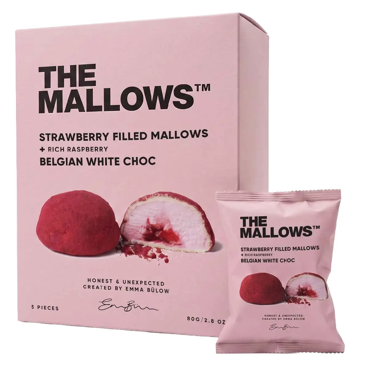 The Mallows Strawberry Filled Mallows med jordbærfyld, belgisk hvid chokolade og hindbær, 5 stk.