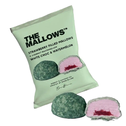 The Mallows Strawberry Filled Mallow med jordbærfyld, vandmelon og belgisk hvid chokolade, 1 stk.