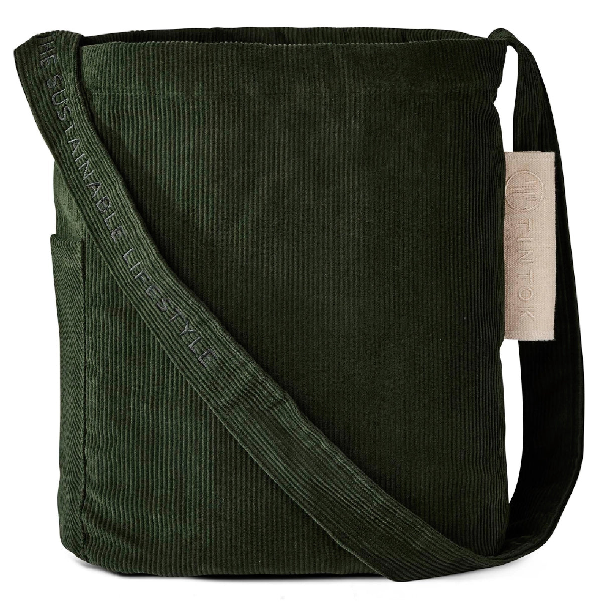 Tintok Mati Corduroy Taske i farven Forest Green – rummelig fløjls-crossbody i 100% økologisk bomuld, GOTS-certificeret, med udvendig og indvendig lomme, indvendigt foer og 102 cm rem med tone-i-tone broderi