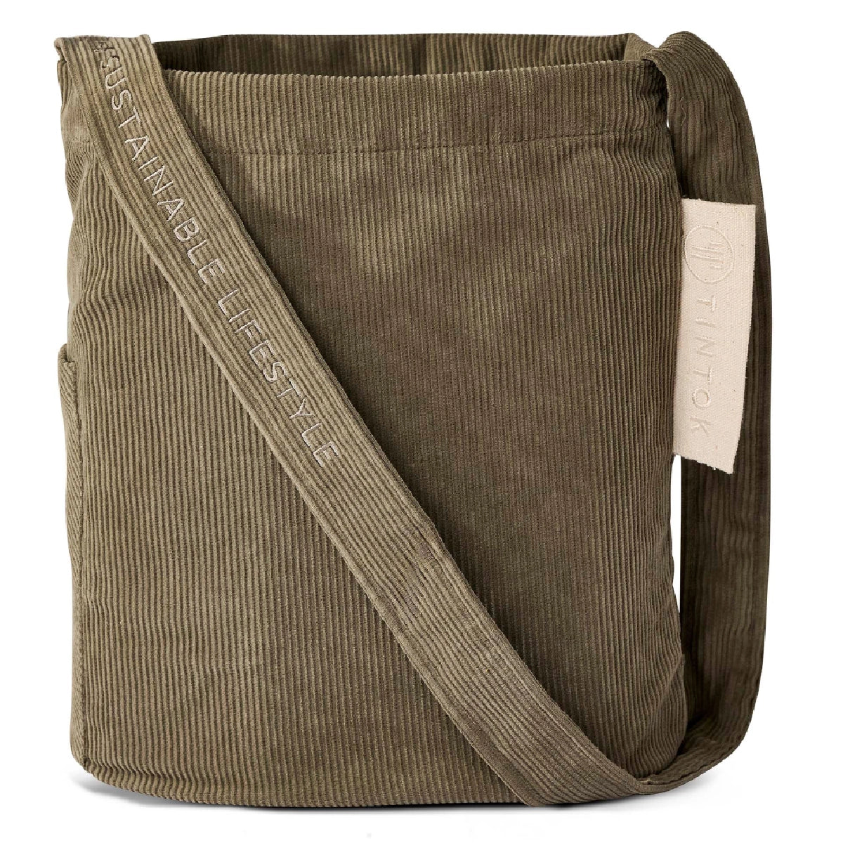 Tintok Mati Corduroy Taske i farven Khaki – slidstærk fløjlstaske/crossbody i 100% økologisk bomuld, GOTS-certificeret, med udvendig og indvendig lomme, indvendigt foer og lang rem med tone-i-tone broderi