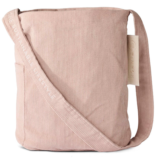 Tintok Mati Corduroy Taske i farven Rose – rummelig fløjlstaske/crossbody i 100% økologisk bomuld, GOTS-certificeret, med udvendig og indvendig lomme, indvendigt foer og lang rem med tone-i-tone broderi