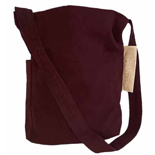 Tintok Mira Canvas Taske i farven Wine – rummelig canvas skuldertaske/crossbody i 100% økologisk bomuld, GOTS-certificeret, med udvendig og indvendig lomme samt lang rem med tone-i-tone broderi