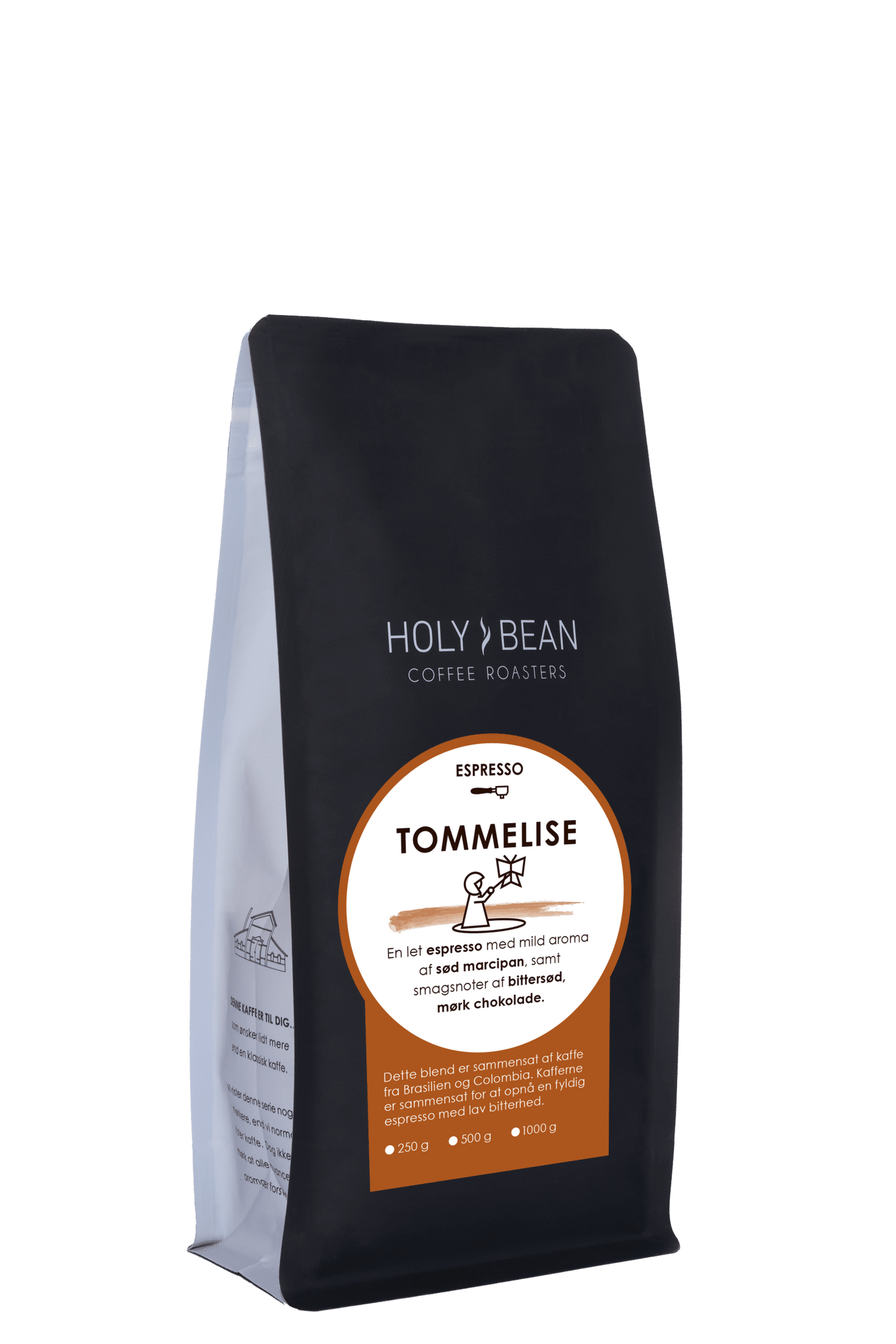 Holy Bean Tommelise Espresso blend med kaffe fra Brasilien og Colombia i 250 g pose