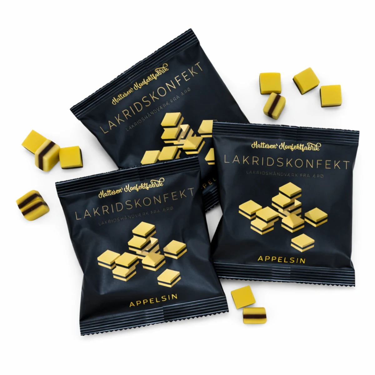 Hattesens Konfektfabrik Pose: Appelsin 32 g – små glutenfri og veganske konfektstykker af naturlige råvarer med appelsinolie og lakrids, blød lakridskonfekt med frisk citrusnote, lakridshåndværk fra Ærø