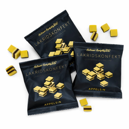 Hattesens Konfektfabrik Pose: Appelsin 32 g – små glutenfri og veganske konfektstykker af naturlige råvarer med appelsinolie og lakrids, blød lakridskonfekt med frisk citrusnote, lakridshåndværk fra Ærø