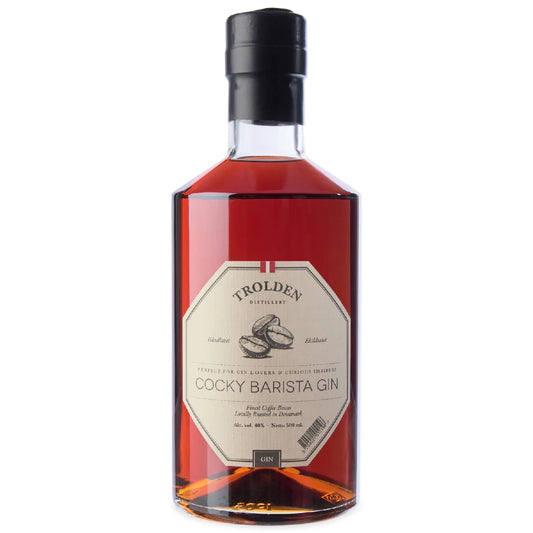Trolden COCKY BARISTA Infused Gin 50 cl – dansk infused gin baseret på Copperpot Gin, trukket i måneder med brasilianske kaffebønner ristet i Kolding, botanisk friskhed og mild kaffenote