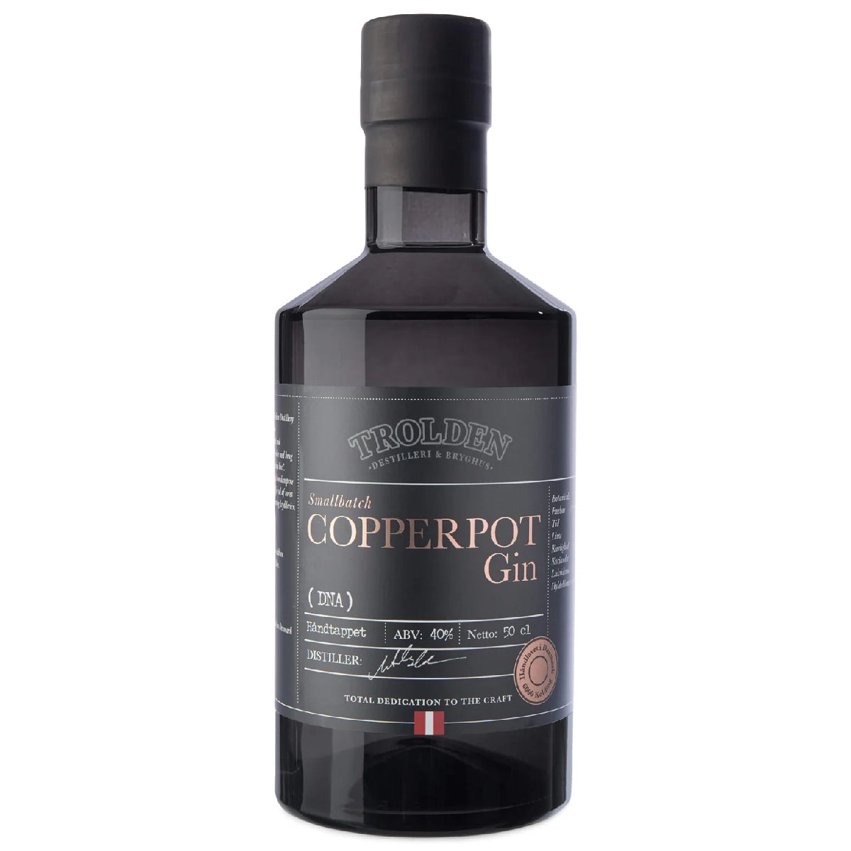 Trolden DNA Copperpot Gin 50 cl – dansk premium gin destilleret i kobberkedler med infusion box, smagsnoter af enebær, hyldeblomst, angelikarod og håndskårne limeskaller