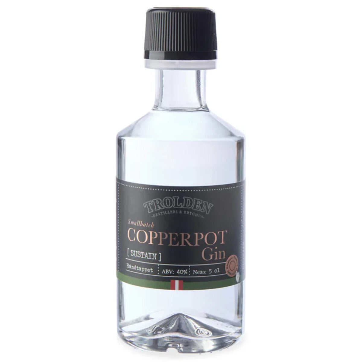 Trolden SUSTAIN Copperpot Gin 5 cl – mini dansk bæredygtig gin destilleret i kobberkedler med infusion box, lokale botanicals som citronverbena og lakridsurt, frisk urtet profil