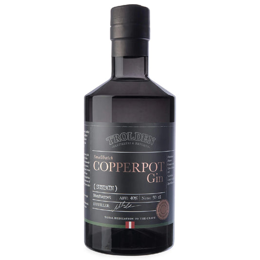 Trolden SUSTAIN Copperpot Gin 50 cl – dansk bæredygtig gin destilleret på kobberkedler med infusion box, lokale botanicals som citronverbena og lakridsurt, frisk urtet profil