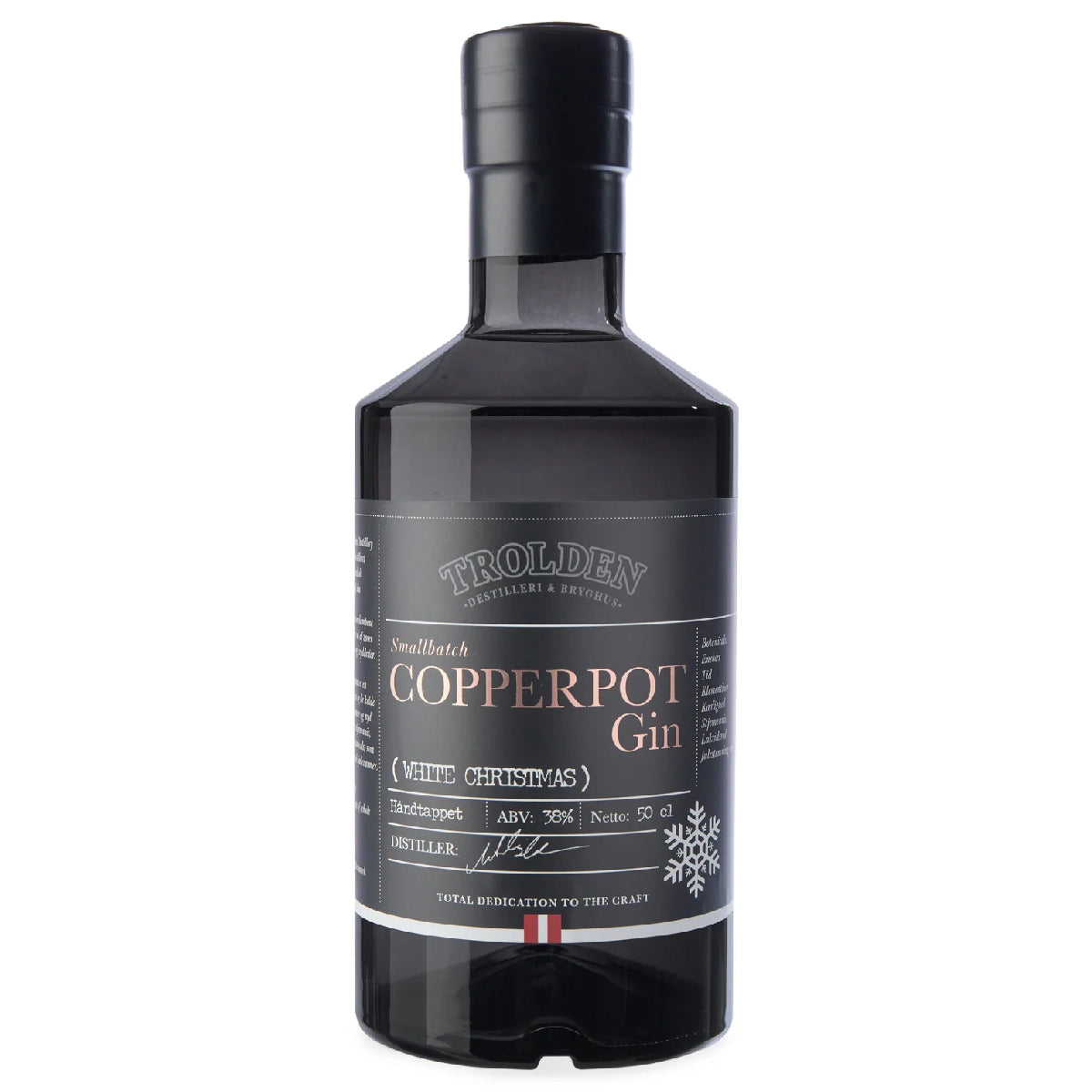 Trolden WHITE CHRISTMAS Copperpot Gin 50 cl – dansk julegin destilleret i kobberkedler med friske clementiner og stjerneanis, krydret citrusprofil, 38% vol.