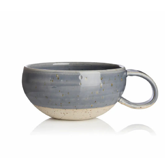 Vangs Keramiske Værksted cappuccinokop i farven Nightsky, stabelbar keramikkop med indhold 2,5 dl, højde 5,5 cm og bredde 10,5 cm