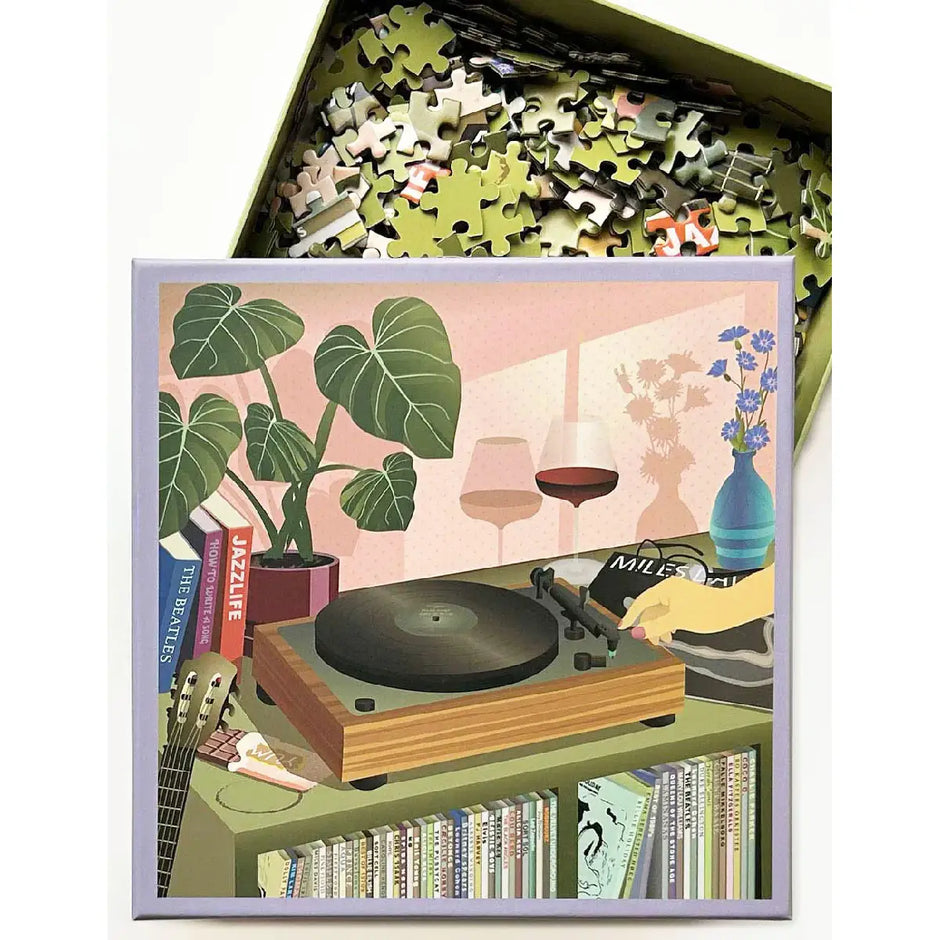ViSSEVASSE MUSIC & ME puslespil med 500 brikker – stemningsfuldt motiv med vinyl og musik-hygge, puslespil 45 x 45 cm i æske 22 x 22 x 5 cm, FSC-certificeret