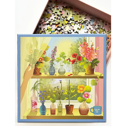 ViSSEVASSE PLANTS & ME puslespil med 500 brikker – hyggeligt plantemotiv med blomster og grønne planter i vindueskarm, færdig størrelse 45 x 45 cm, boks 22 x 22 x 5 cm