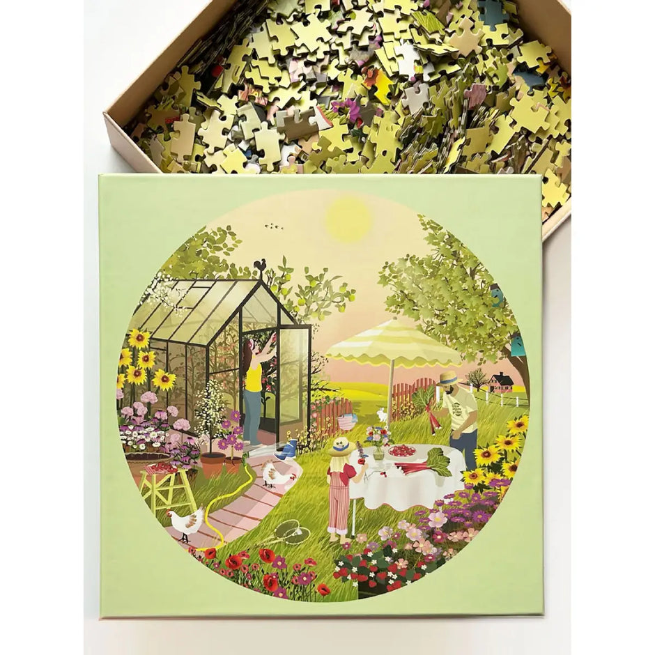 ViSSEVASSE SUMMER FEELING rundt puslespil med 1.000 brikker – sommermotiv med have, blomster og drivhus, diameter 65 cm, FSC-certificeret papir, puslespil i rund æske 26,5 x 26,5 x 6,5 cm