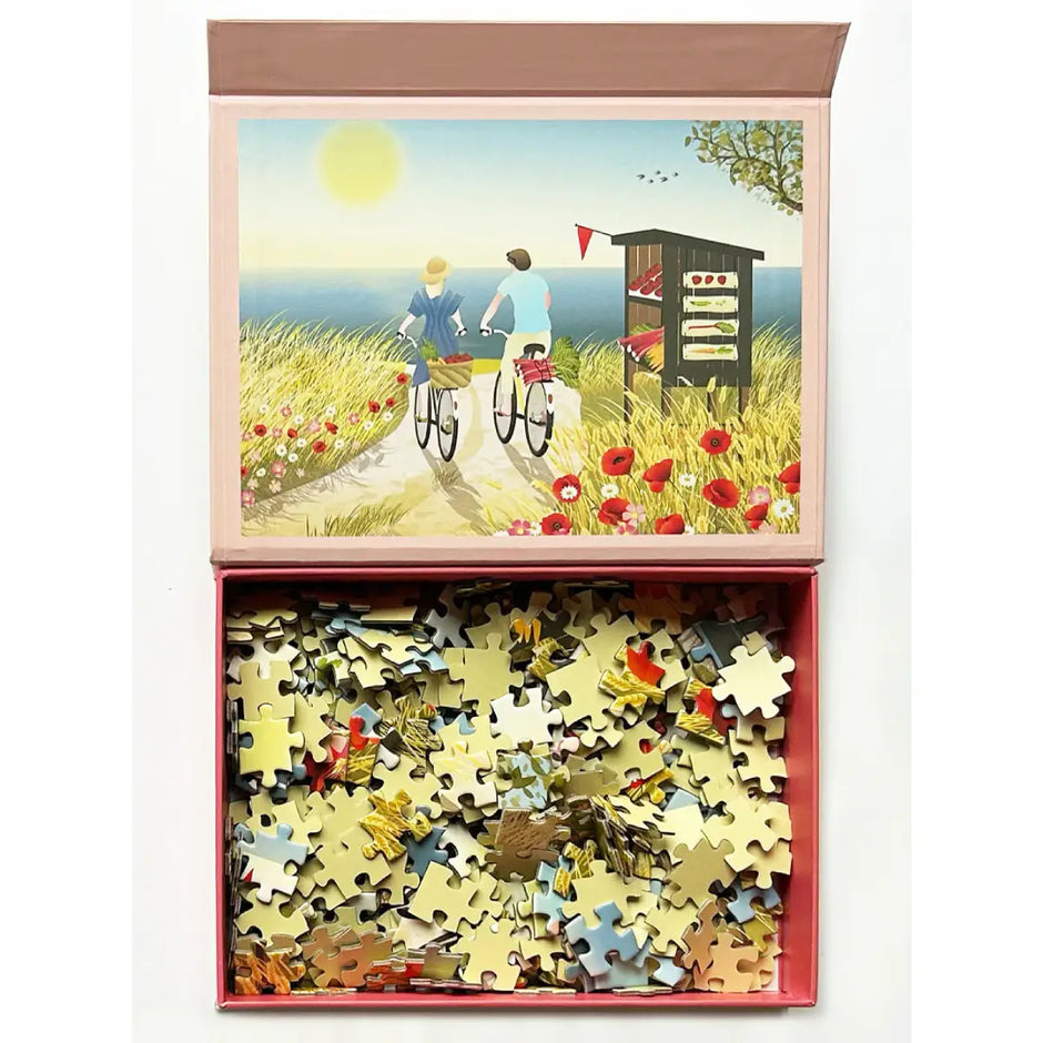 ViSSEVASSE SUMMER puslespil med 300 brikker – sommermotiv med cykeltur mod stranden, jordbær og havstemning, færdig størrelse 37 x 27 cm, gaveboks 20 x 15 x 4 cm