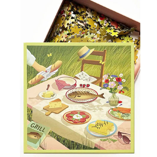 ViSSEVASSE SUMMER TABLE & ME puslespil med 500 brikker – sommerfrokost i solen med blomster og farverigt stel, færdig størrelse 45 x 45 cm, FSC-certificeret papir, boks 22 x 22 x 5 cm