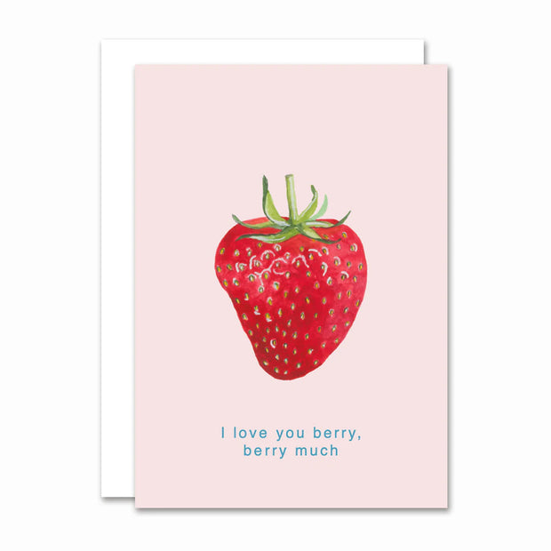 All By Voss lille foldet kort Jordbær (A7) med råhvid kuvert – originalt akvarelmotiv af Annemette Voss Fridthjof med jordbær på lyserød bund og teksten “I love you berry, berry much”, trykt på postkortkarton