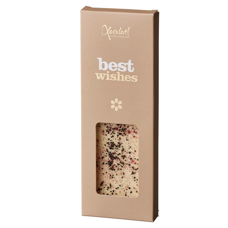 Xocolatl Best Wishes hvid chokolade med lakridsgranulat, gaveklar chokoladeplade med sød og cremet lakridssmag, 50 g