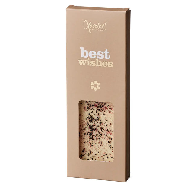 Xocolatl Best Wishes hvid chokolade med lakridsgranulat, gaveklar chokoladeplade med sød og cremet lakridssmag, 50 g
