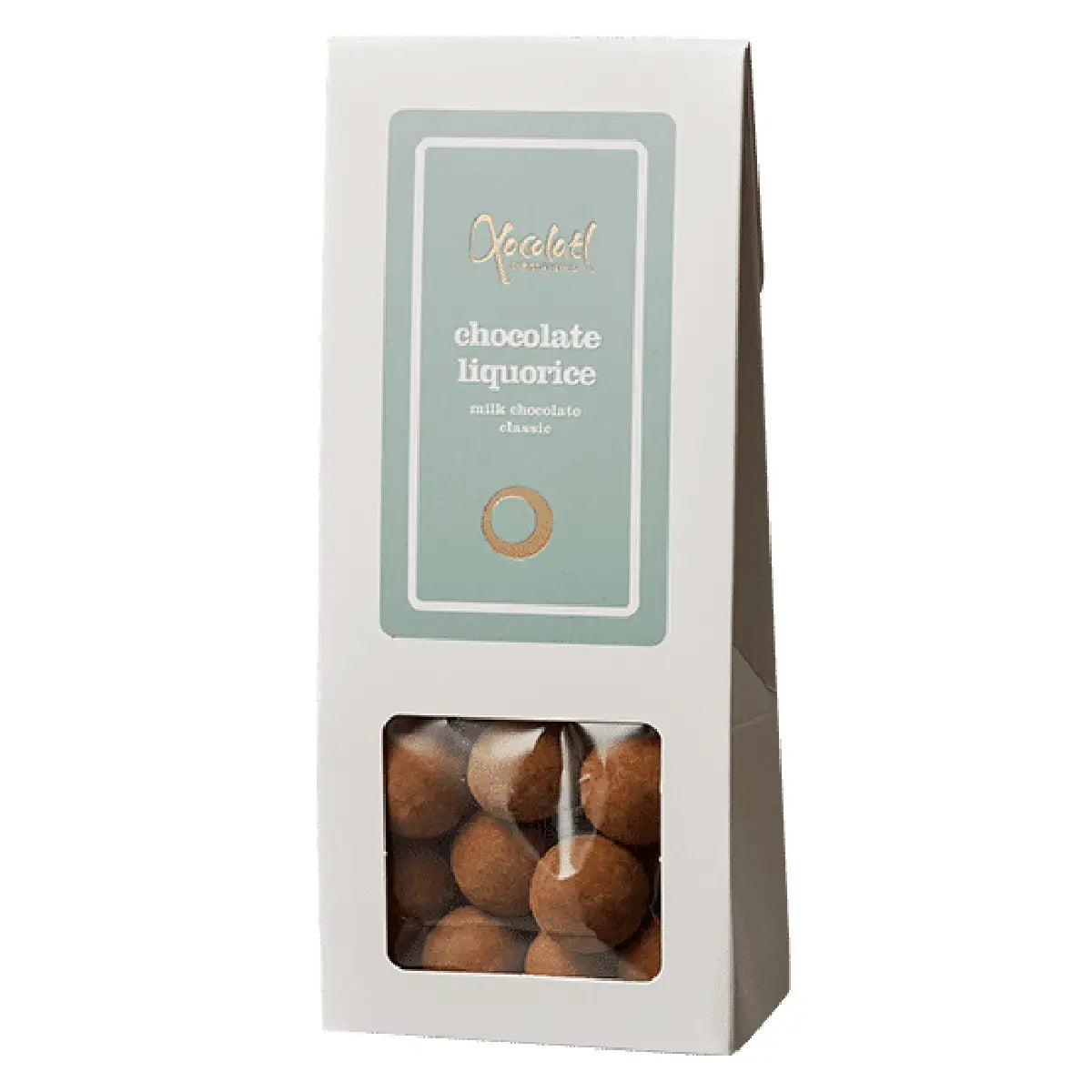 Xocolatl Chokoladelakrids Classic 90 g – lakrids med chokolade og salmiak, lavet med sødmælks-/helmjölkpulver, hvedemel og rugmel, med vanilje og soja lecithin, opbevares tørt ved 15–18 grader