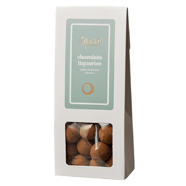 Xocolatl Chokoladelakrids Classic 90 g – lakrids med chokolade og salmiak, lavet med sødmælks-/helmjölkpulver, hvedemel og rugmel, med vanilje og soja lecithin, opbevares tørt ved 15–18 grader